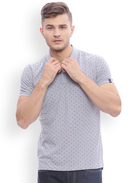 

Basics Men Grey Printed Slim Fit Polo Collar T-shirt