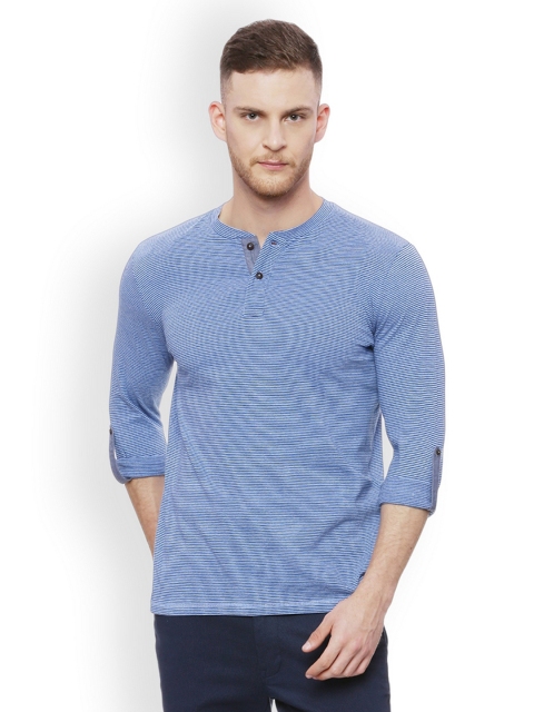

Basics Men Blue Striped Henley Neck T-shirt