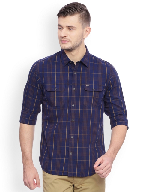 

Basics Men Navy Blue & Brown Slim Fit Checked Casual Shirt