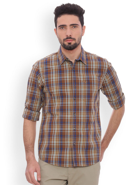 

Basics Men Rust Brown & Blue Slim Fit Checked Casual Shirt