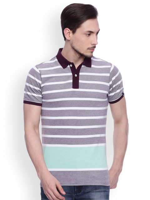 

Basics Men Grey Striped Slim Fit Polo Collar T-shirt