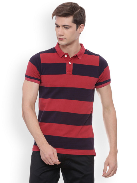 

Basics Men Red & Navy Blue Striped Polo Collar T-shirt