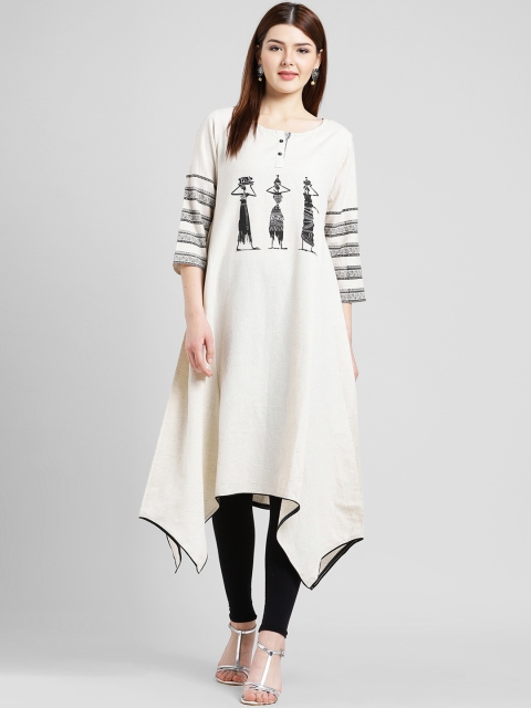 

Kira Women Off-White & Black Printed Asymmetric A-Line Kurta