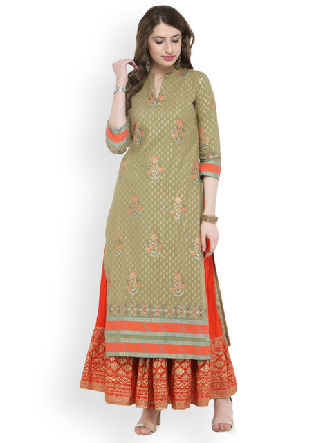 

Varanga Women Olive Green & Orange Printed Kurta with Skirt