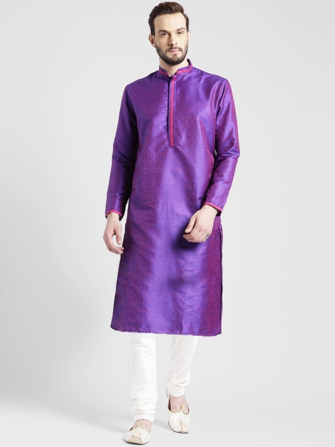 

KISAH Men Navy Blue & Pink Self Design Kurta with Churidar