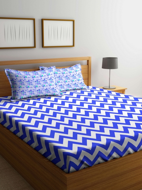 

Portico New York White & Blue Geometric Fitted 144 TC Cotton 1 Queen Bedsheet with 2 Pillow Covers