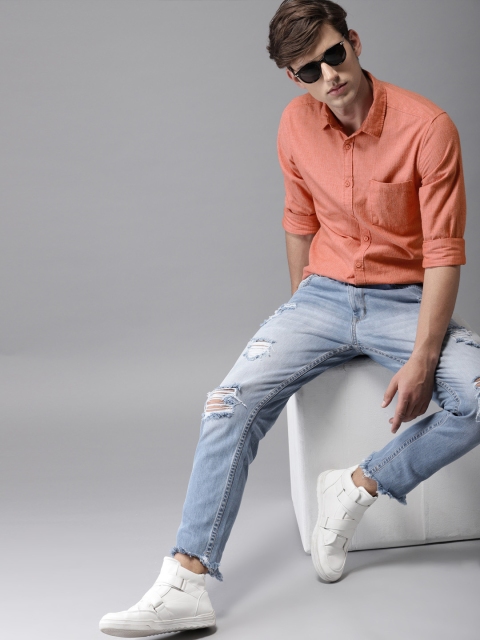 

HERE&NOW Men Rust Red Regular Fit Striped Casual Shirt