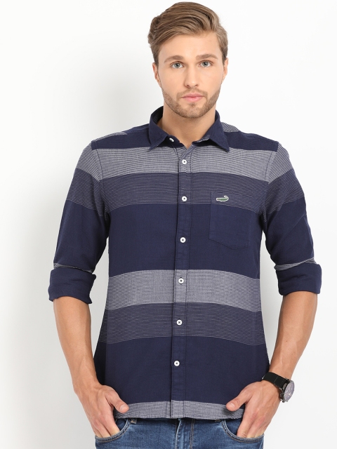 

Crocodile Men Navy Blue & Grey Slim Fit Striped Casual Shirt
