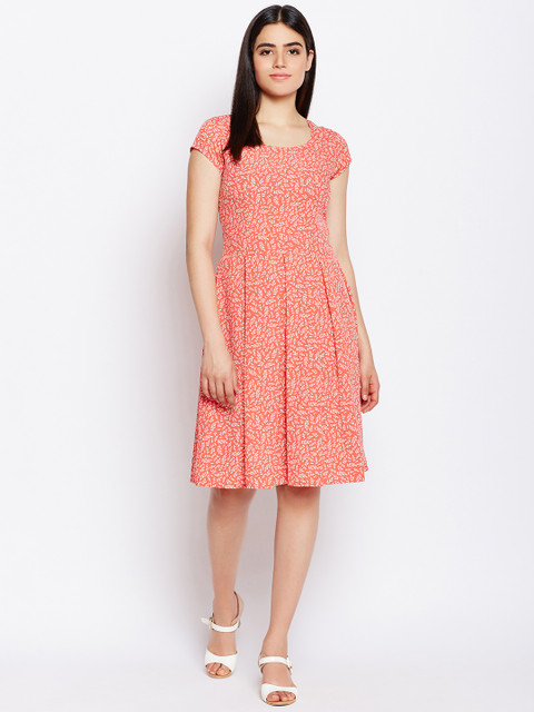 

WISSTLER Women Orange Printed Fit and Flare Dress