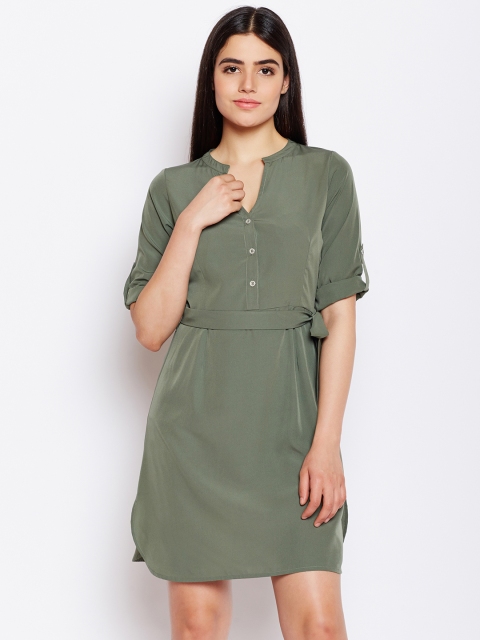

WISSTLER Women Olive Green Solid Shirt Dress