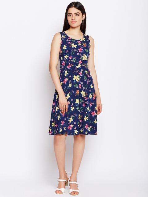 

WISSTLER Women Navy Blue Printed Fit and Flare Dress