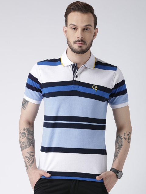 

Club York Men White Striped Polo Collar T-shirt