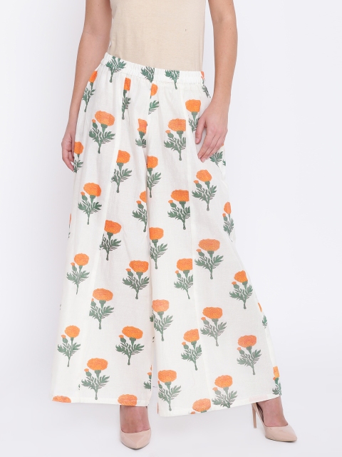 

Shakumbhari Women White & Orange Printed Wide Leg Palazzos