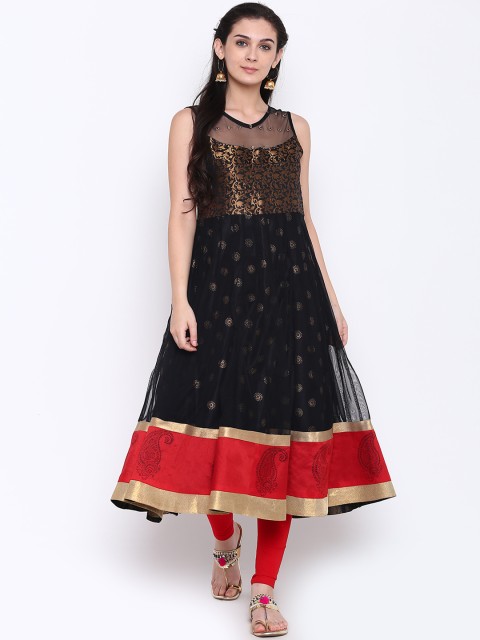 

Shakumbhari Women Black & Red Block Print Net Anarkali Kurta