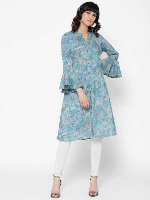 

Jashn Women Grey & Blue Printed A-Line Kurta