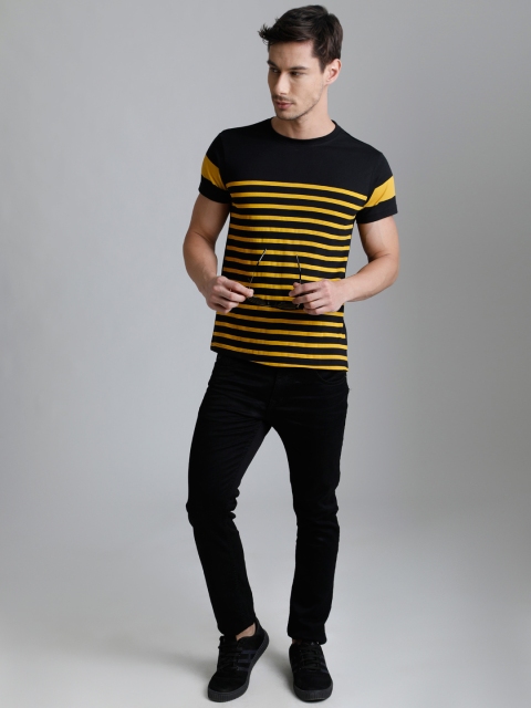 

DILLINGER Men Black & Yellow Striped Round Neck T-shirt