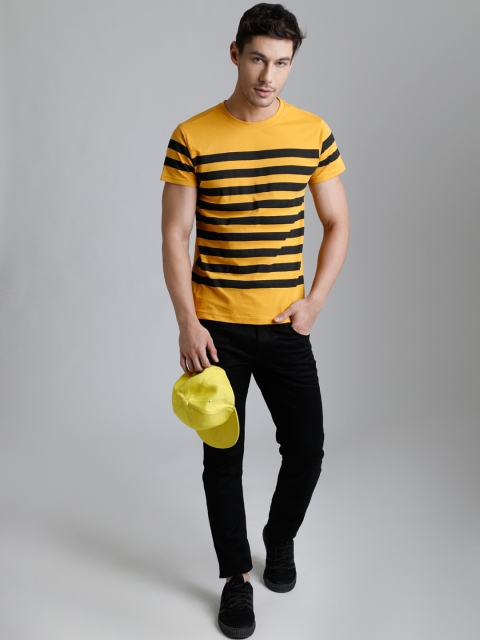 

DILLINGER Men Mustard Yellow Black Striped Round Neck Pure Cotton T-shirt