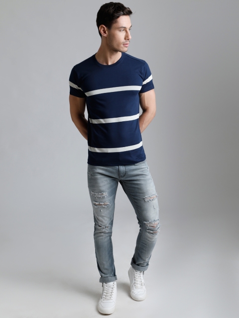 

DILLINGER Men Navy Blue Off-White Striped Round Neck Pure Cotton T-shirt