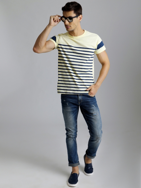

DILLINGER Men Yellow Blue Striped Round Neck Pure Cotton T-shirt