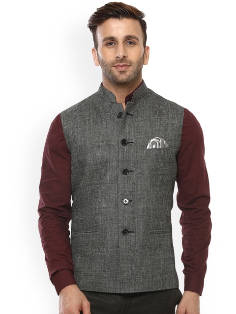 

Hangup Men Grey Nehru Jacket With Pocket Square