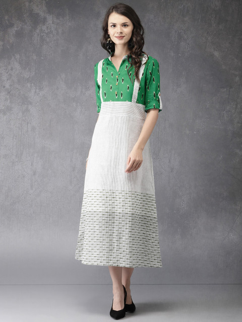 

Anouk Women Off-White & Green Striped A-Line Dress