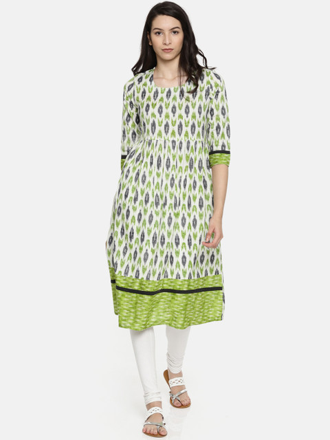 

Anouk Women Off-White & Green Printed A-Line Kurta