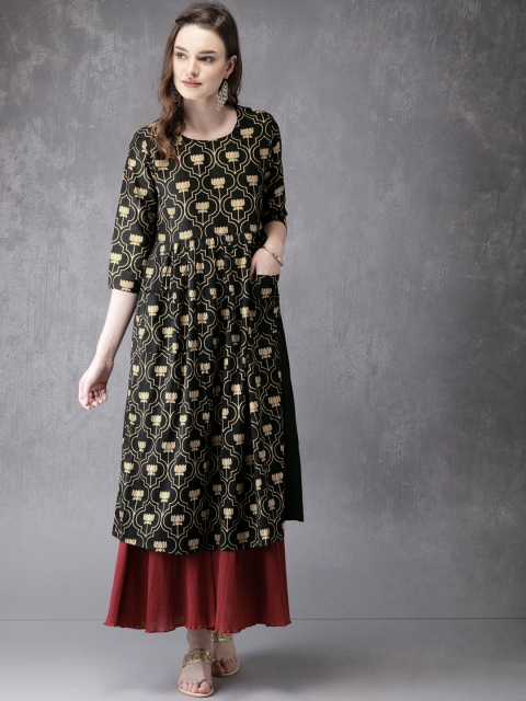 

Anouk Women Black & Gold-Toned Printed A-Line Kurta