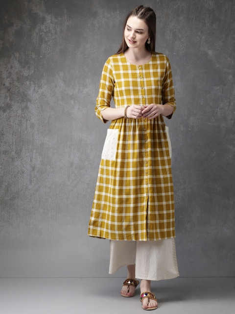

Anouk Women Mustard Yellow & Off-White Checked A-Line Kurta