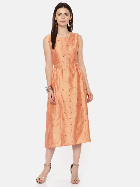 

Anouk Women Peach-Coloured Printed Fit and Flare Dress