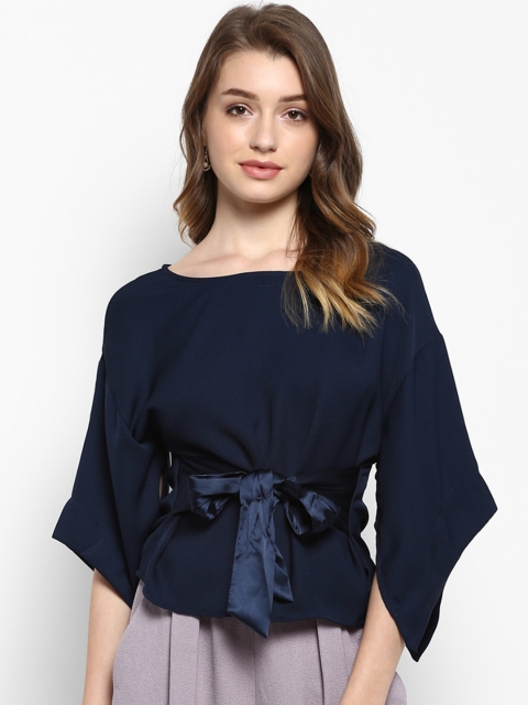 

Kazo Women Navy Blue Solid Cinched Waist Top