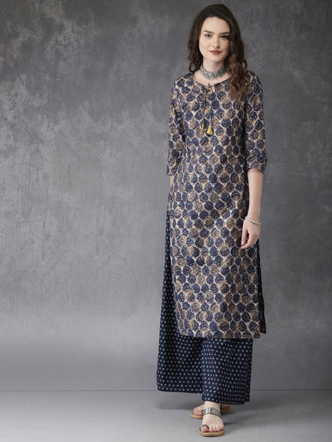 

Anouk Women Navy Printed Kurta with Palazzos, Navy blue