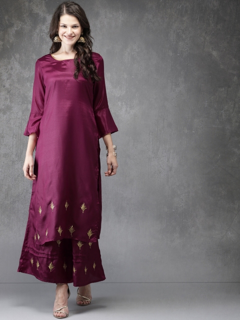 

Anouk Women Burgundy Embroidered Kurta with Palazzos