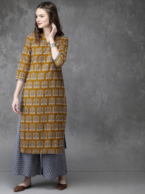 

Anouk Women Mustard Brown & Blue Printed Kurta with Palazzos