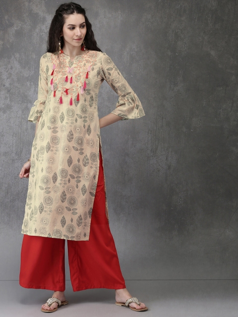 

Anouk Women Cream-Coloured & Grey Printed Straight Kurta