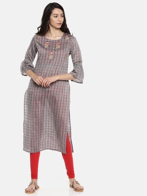 

Anouk Women Grey & Red Checked A-Line Kurta
