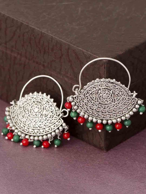 

Voylla Silver-Toned & Red Circular Hoop Earrings
