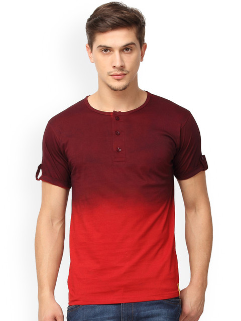 

Campus Sutra Men Maroon & Red Dyed Henley Neck T-shirt