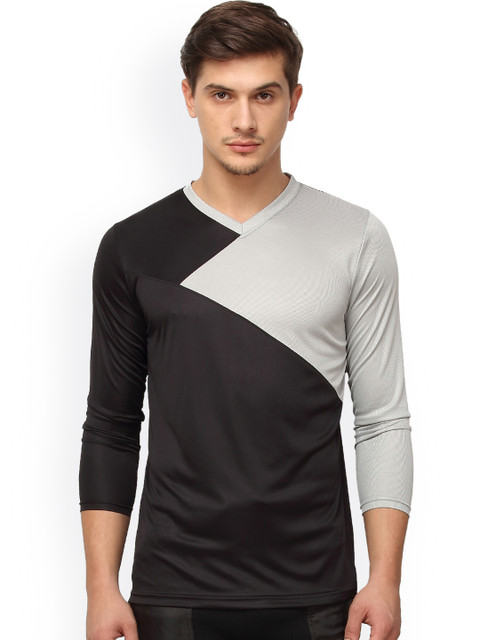 

Campus Sutra Men Black Colourblocked V-Neck T-shirt
