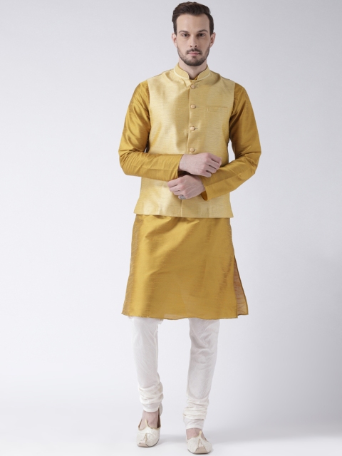

KISAH Men Gold-Toned & Cream Solid Dupion Silk Kurta with Churidar & Nehru Jacket