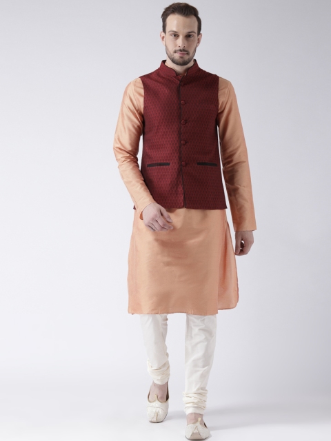 

KISAH Men Peach & Maroon Solid Banarasi Kurta with Churidar & Nehru Jacket