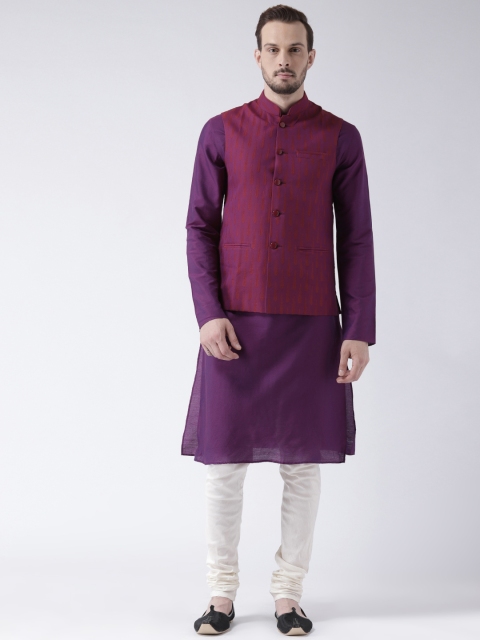 

KISAH Men Purple & Magenta Solid Banarasi Kurta with Churidar & Nehru Jacket