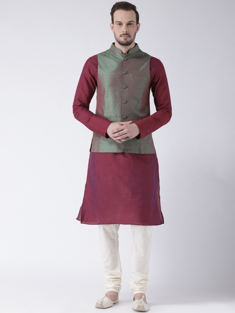 

KISAH Men Magenta & Green Solid Banarasi Kurta with Churidar & Nehru Jacket