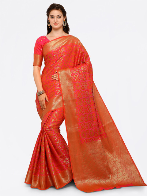 

Saree mall Orange & Pink Silk Blend Woven Design Kanjeevaram Saree