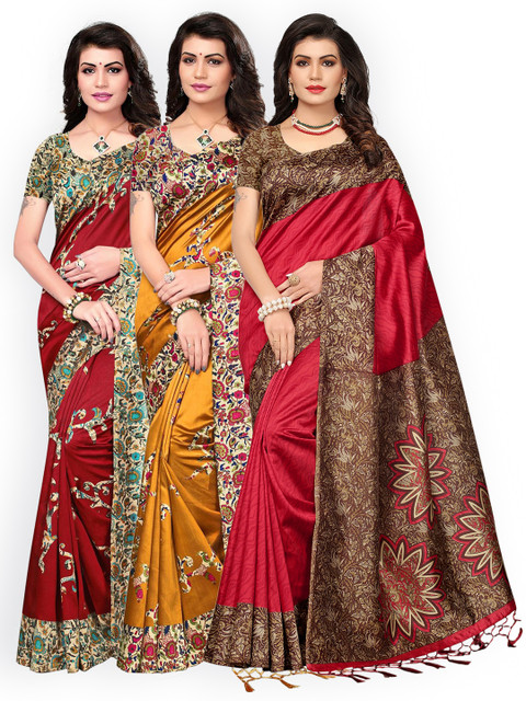 

Ishin Pack of 3 Poly Silk Printed Sarees, Red