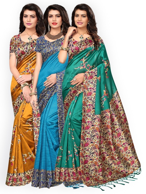 

Ishin Pack of 3 Poly Silk Printed Sarees, Blue