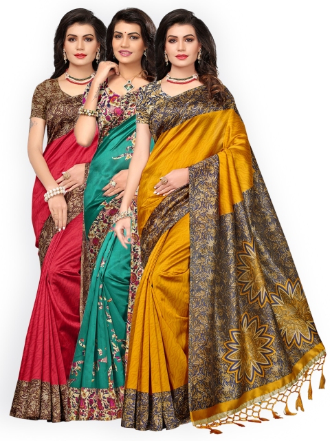 

Ishin Pack of 3 Poly Silk Printed Sarees, Red