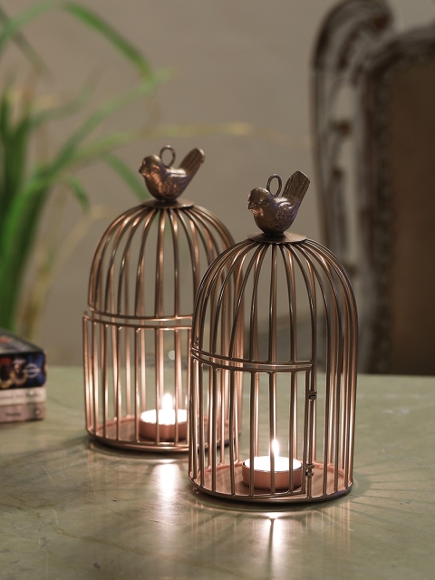 

HOME DECOR INDIA Set Of 2 Rose Gold Bird Cage-Shaped T Light Candle Holder