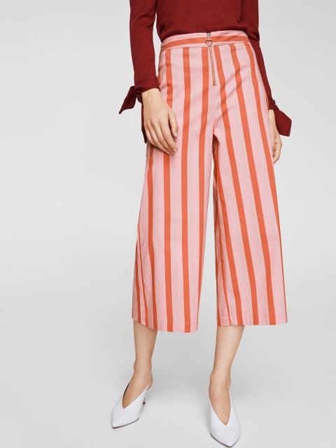 

MANGO Women Coral Orange Regular Fit Striped Culottes