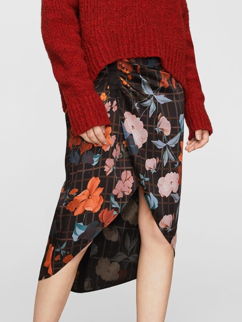 

MANGO Women Black Floral Print Wrap Skirt