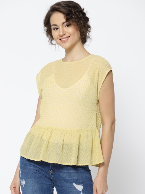 

MANGO Women Yellow Embroidered Sheer A-Line Top